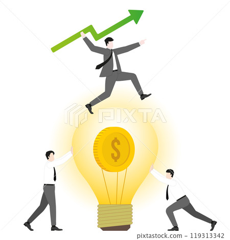 A businessman throws a green arrow like a javelin on coin lightbulb with teamwork support. Idea, investment, financial success, business ambition, market opportunity, target goal, and wealth strategy A businessman throws a green arrow like a javelin on coin lightbulb with teamwork support. Idea, investment, financial success, business ambition, market opportunity, target goal, and wealth strategy 119313342