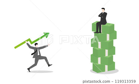 A businessman aiming and throwing a green arrow like a javelin to a rival sitting on banknote stack. Competition, investment, financial success, business ambition, market opportunity, and target goal 119313359