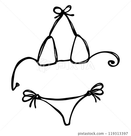Woman Mini Bikini Swimsuit. Simple Black Outline, Doodle Style Icon 119313397