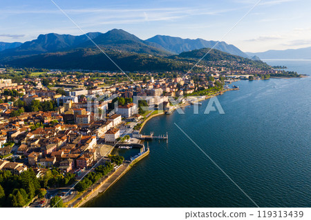 Aerial view of Luino, is small town on the shore of Lake Maggiore in province of Varese Aerial view of Luino, is small town on the shore of Lake Maggiore in province of Varese 119313439