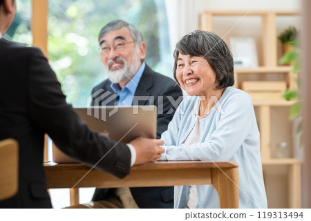 A salesman explaining to a senior couple 119313494