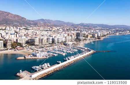 Beautiful aerial perspective of luxury area of Marbella, golden mile beach. Spain Beautiful aerial perspective of luxury area of Marbella, golden mile beach. Spain 119313500