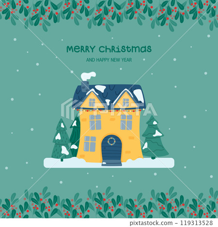 Merry Christmas and Happy New Year greeting card. Cute Christmas and winter house. Decorated house on the background of the falling snow, fir trees and a snowman. Vector illustration in flat style. Merry Christmas and Happy New Year greeting card. Cute Christmas and winter house. Decorated house on the background of the falling snow, fir trees and a snowman. Vector illustration in flat style. 119313528