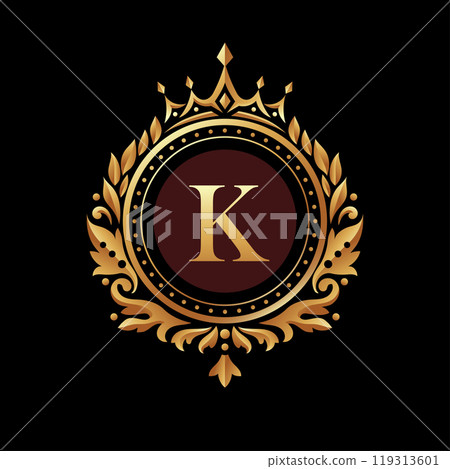 Letter K inside a circle frame and crown with vintage ornament in golden color Letter K inside a circle frame and crown with vintage ornament in golden color 119313601