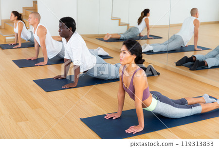 Multiethnic group of young people practicing yoga 119313833