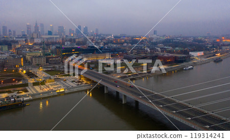 Aerial view on the Swietokrzyski bridge over the Vistula river. Warsaw, Poland Aerial view on the Swietokrzyski bridge over the Vistula river. Warsaw, Poland 119314241