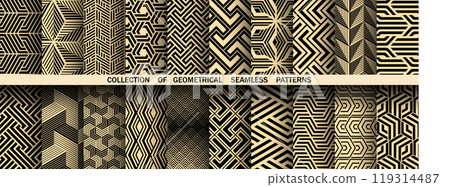 Geometric set of seamless black and golden patterns. Simple vector graphics Geometric set of seamless black and golden patterns. Simple vector graphics 119314487