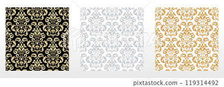 Wallpapers in the style of Baroque. Seamless vector backgrounds. Set of colored floral ornaments. Graphic patterns for fabric, wallpaper, packaging. Ornate Damask flower ornaments 119314492
