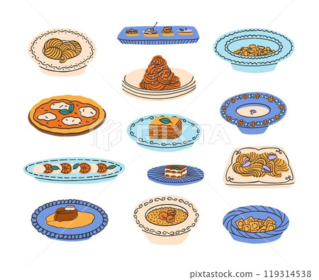 Set of Italian dishes. Pasta, lasagna, risotto, Ossobuco, pizza with mozzarella, gnocchi, ravioli, caprese, tiramisu. Vector illustration in modern style Set of Italian dishes. Pasta, lasagna, risotto, Ossobuco, pizza with mozzarella, gnocchi, ravioli, caprese, tiramisu. Vector illustration in modern style 119314538