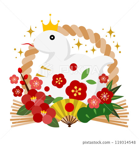 Pine, bamboo, plum, camellia and folding fan, snake year new year's card icon, decoration, white snake, cute, illustration 119314548