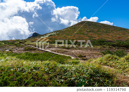 Blue sky and autumn leaves seen from Kiyomizu-Hirata, Mt. Nasu Blue sky and autumn leaves seen from Kiyomizu-Hirata, Mt. Nasu 119314798