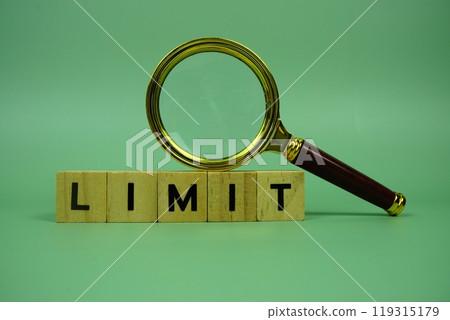 Limit with wooden blocks alphabet letters and magnifying glass on green background 119315179