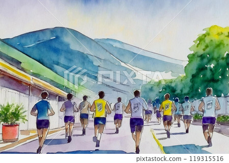 Watercolor image of runners taking part in a marathon 119315516