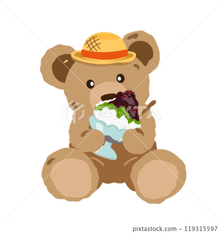 An illustration of a teddy bear wearing a straw hat eating shaved ice An illustration of a teddy bear wearing a straw hat eating shaved ice 119315597