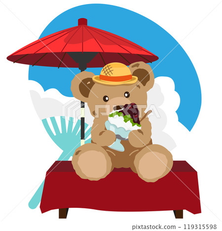 An illustration of a teddy bear eating Uji Kintoki shaved ice at a teahouse with a fan in the background 119315598