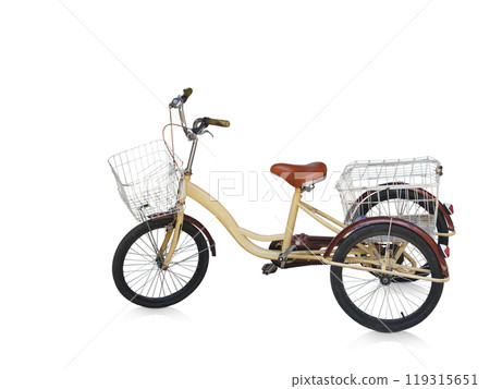 side view old cream and brown tricycle on white background, object, transpotation, copy space 119315651