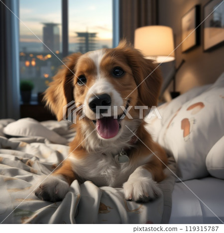 pet in a hotel room in light colors. lies on the bed. relax. AI generated 119315787