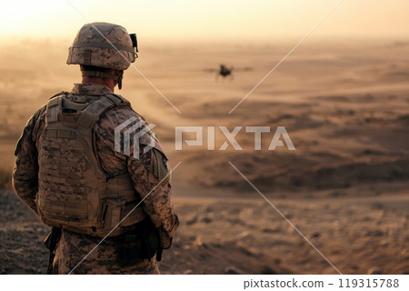 A soldier hold tablet in the field, operating drones. . A drone controller and camera visuals on a smartphone. Generative AI 119315788