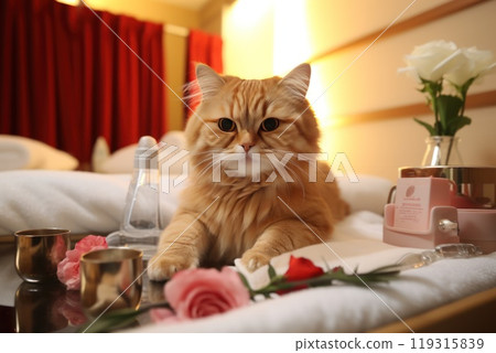 pet in a hotel room in light colors. lies on the bed. relax. AI generated 119315839