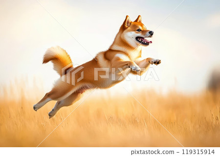 Happy shiba inu dog running through Sunny Field. 119315914