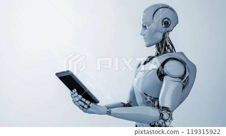 a futuristic illustration of a robot holding a tablet on isolated white background, symbolizing automation and process optimization 119315922