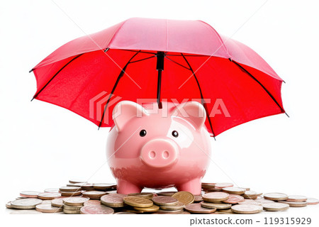 A pink piggy bank under a red umbrella, standing on a pile of coins, against a white background, illustrating financial protection concept 119315929