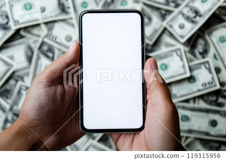 Smartphone mockup, mobile phone with white screen lying on dollar bills money background. Smartphone mockup, mobile phone with white screen lying on dollar bills money background. 119315956