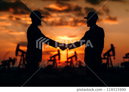 Two businessmen shaking hands in front of an oil pump. 119315990
