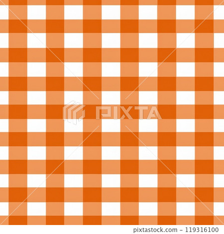 Vibrant orange gingham seamless pattern background features repeating checks of bright orange and white in a continuous textured design. 119316100