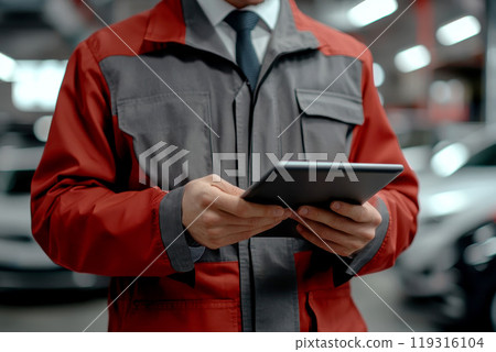 Sales man at a car showroom, holding tablet . dealership car concept. 119316104