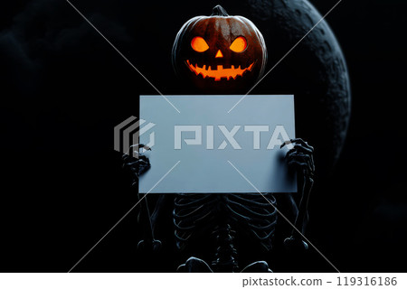 hallowen skeleton with pumpkin holding a blank white sign . Pumpkins And Zombies In Graveyard 119316186