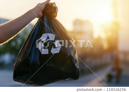 hand holding garbage black bag with recycle symbol. 119316256