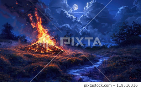 The scene shows a campfire burning in a field under the full moonlight 119316316