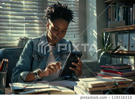 In the room, a woman is seated at a desk and holding a cellphone 119316318
