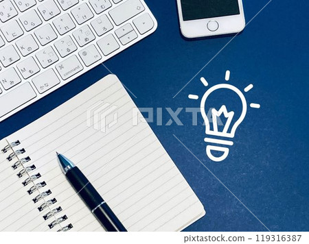 Keyboard, notebook, smartphone and light bulb 119316387