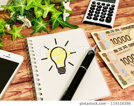 A picture of a light bulb and money drawn on a notebook A picture of a light bulb and money drawn on a notebook 119316390
