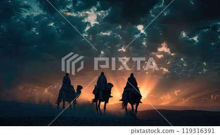 Three wise men riding camels in the desert at sunset, enjoying the landscape 119316391