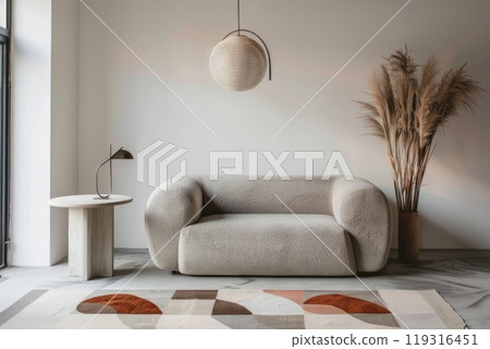 A cozy living room featuring a white couch and a vase of elegant pampas grass 119316451