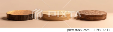 Three wooden blocks are arranged in a line on a table Three wooden blocks are arranged in a line on a table 119316515