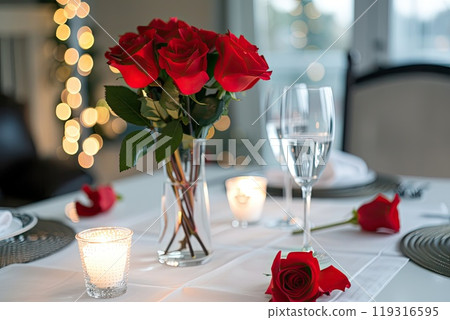 A dining table decorated with candles and flowers set for a meal 119316595