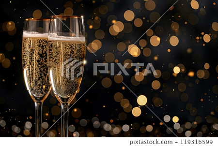 Two champagne glasses on a table, containing liquid Two champagne glasses on a table, containing liquid 119316599