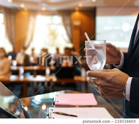 A group of people are gathered around a table, all working on laptops together 119316603