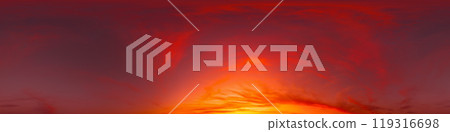360 panorama of glowing sunset sky with bright pink Cirrus clouds. HDR 360 seamless spherical panorama. Full zenith or sky dome sky replacement for aerial drone panoramas. Climate and weather change. 119316698