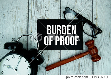 Burden Of Proof text on paper card with wooden judge gavel top view on wooden background 119316951