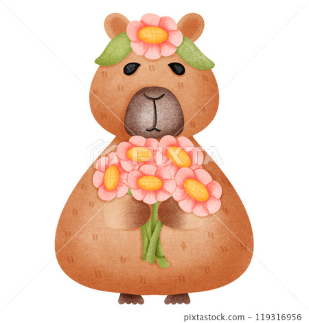 Capybara with pink flowers 119316956