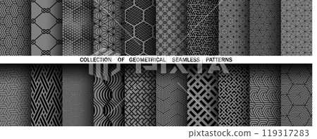 Geometric set of seamless black and gray patterns. Simple vector graphics Geometric set of seamless black and gray patterns. Simple vector graphics 119317283
