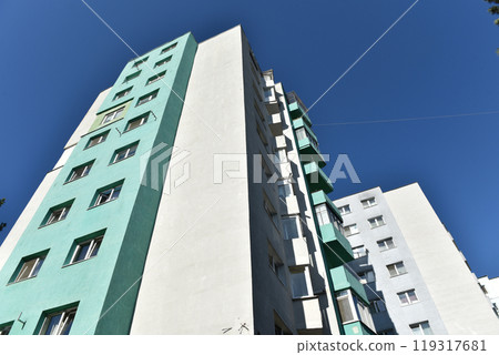Perspective view of flat of blocks from Communist period, worn out concrete buildings in Eastern Europe Perspective view of flat of blocks from Communist period, worn out concrete buildings in Eastern Europe 119317681