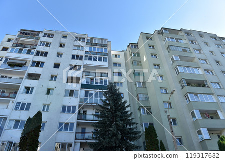 Suburban neighborhood built in communism. Post Soviet concrete flat of blocks 119317682