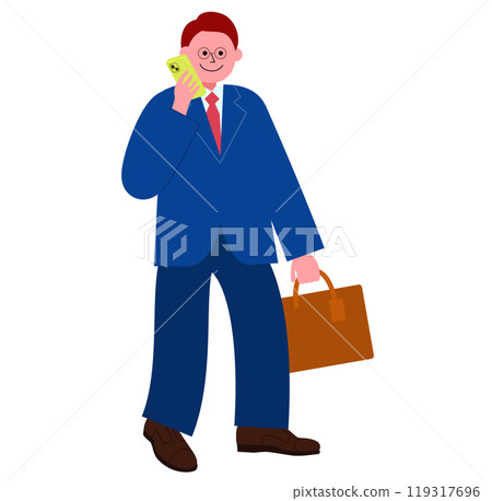 A full-body illustration of a man wearing glasses and a suit carrying a business bag walking while talking on his smartphone 119317696