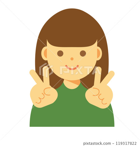 Illustration of a smiling woman making a peace sign 119317822